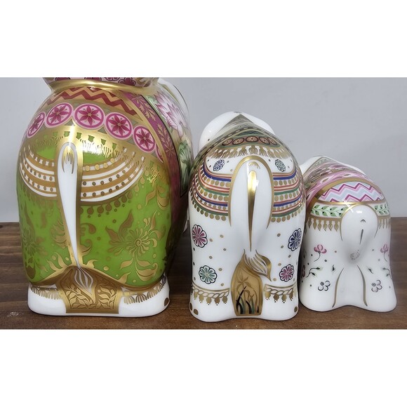 Vtg Royal Crown Derby Mother Infant Baby Indian Elephant Figurine Imari Gold Set - Picture 4 of 9